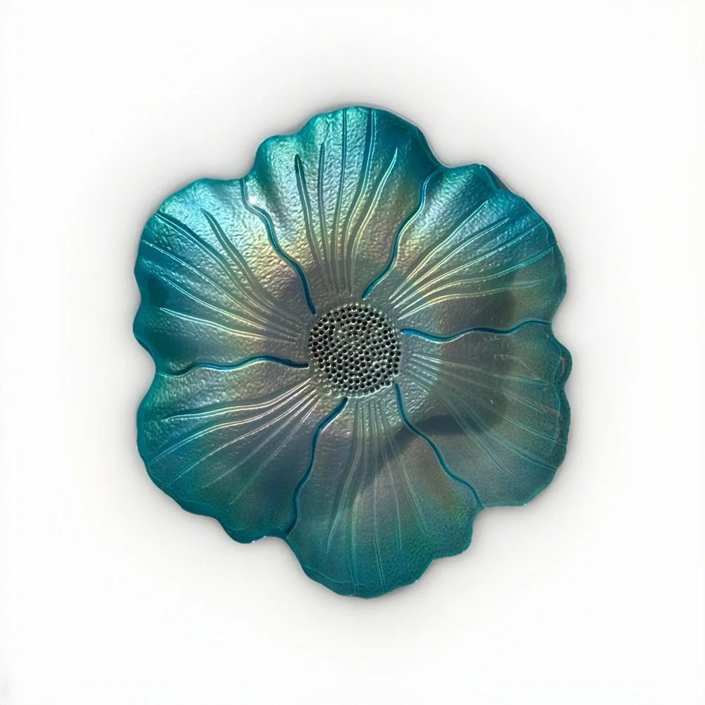 VTG Iridescent Art Glass Flower Bowl‎ | Teal Metallic Petal Dish | 8